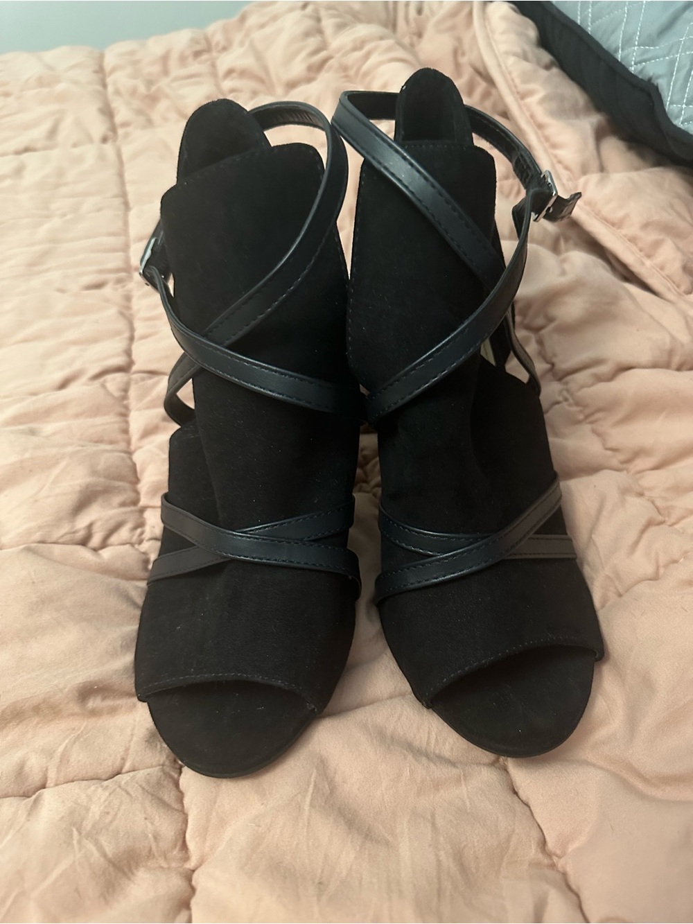Christian Siriano Black Suede Strappy Peep-Toe Heels